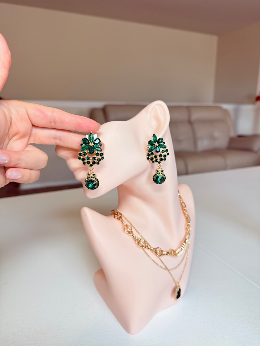 Gold & Green Crystal Floral Drop Earrings - Picture 6 of 10